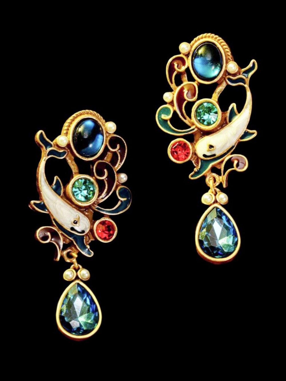 Vintage Style Dolphin Enamel Rhinestone Blue Crystal Drop Earrings